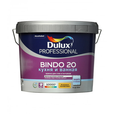 Краска водно-дисперсионная Dulux Bindo 20 кухня и ванная моющаяся белая основа BW 9 л